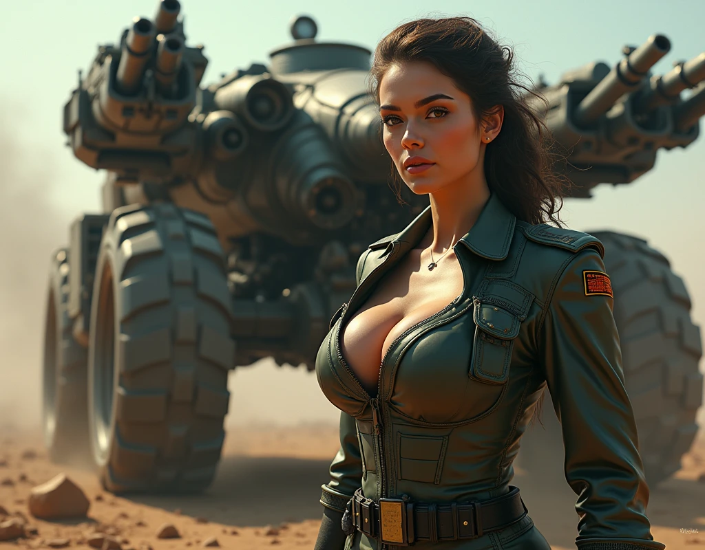 beautiful young female tank crew, beautiful detailed eyes, sexy military uniform, extremely large breasts, heavily armored battle vehicle, exquisitely detailed and intricate mechanisms, machine guns, (best quality,4k,8k,highres,masterpiece:1.2),ultra-detailed,(realistic,photorealistic,photo-realistic:1.37),highly detailed, cinematic lighting, digital painting, vibrant colors, dramatic composition, epic military sci-fi, gritty and grungy aesthetics