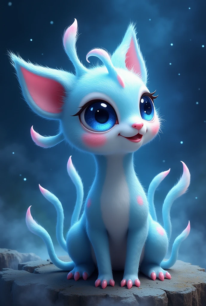 Narrow,Nine Tails,each tail of a color,tails like brushes,background galaxy,Navy blue eyes,happy,spongy,stopped,tails of the same size and texture,that doesn't look like an alien