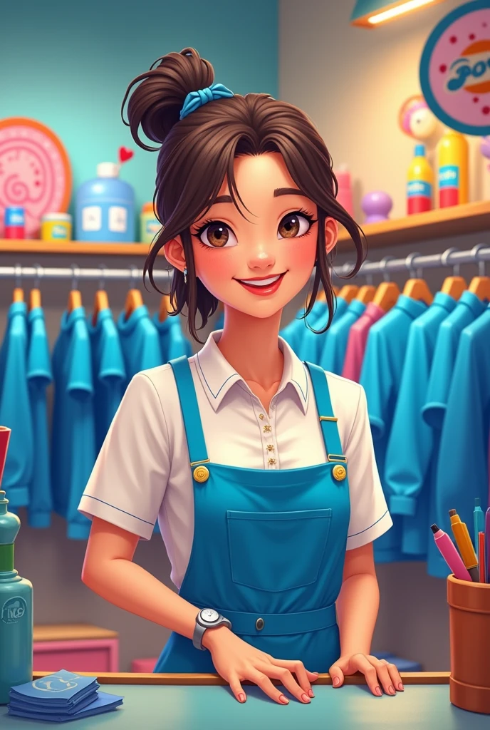 A 25-year-old girl serving a blue clothing store called Proeza in a cartoon