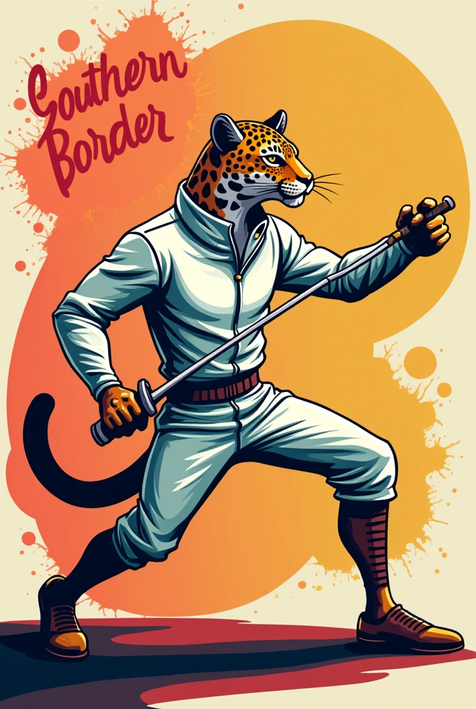 Vector illustration of a jaguar fencer, in cartoon style, and with a text that says "Southern Border" in Spanish using modern and creative typography