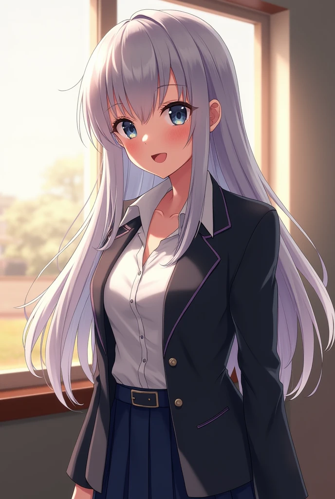 ((table top)), ((highest quality)), ((anime profile style)), ((HD 4K |)), ((female character)), ((high school girl)), (( beautiful body)) , girl, woman's face, Happy, smile, open your mouth, , well-groomed lips, ((tanned skin)), brown blue eyes)), eyelid, students, sclera, iris, eyebrow , eyelash, ear, nose,unbuttoned blouse, ((With long silver hair)), ((hairlight effect)), long sleeve shirt, On top of the blouse, school black jacket, long skirt, tights, shoe school, ((The effect of light on clothing)), ((Effect of light on the body)), head, shoulder, (thin waist), ((perfect stomach)), missile, ((thick legs)), ((Thigh large)), back story, ((at school)), Environment details, surrounding objects, ((lit)), big and full breasts,Big breasts that can be seen even from the top of the clothes