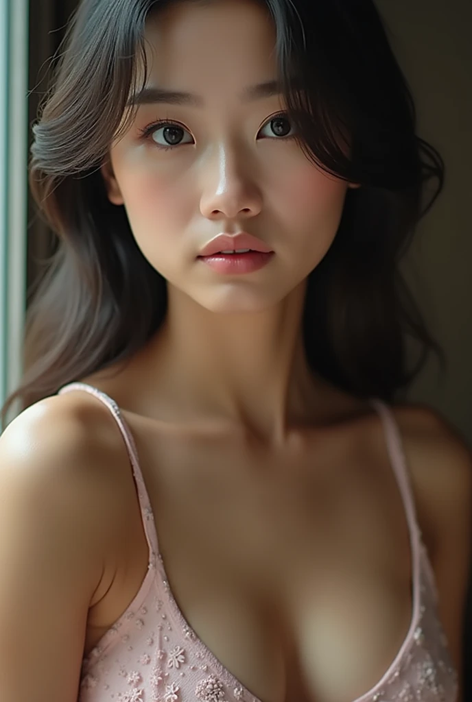 “Portray a young woman with brown eyes and medium black hair. She should look elegant and natural, with pink lips and light make-up. The pose should be confident and expressive, with a striking gaze, similar to the 'fox eyes' style. There is natural light coming in through the window, and the scene should capture a relaxed, sophisticated feel. Her outfit is a black blouse with some details, something very feminine. The setting is a well-lit room, with details that reinforce the aesthetic of a personal and welcoming space. She is taking a selfie.