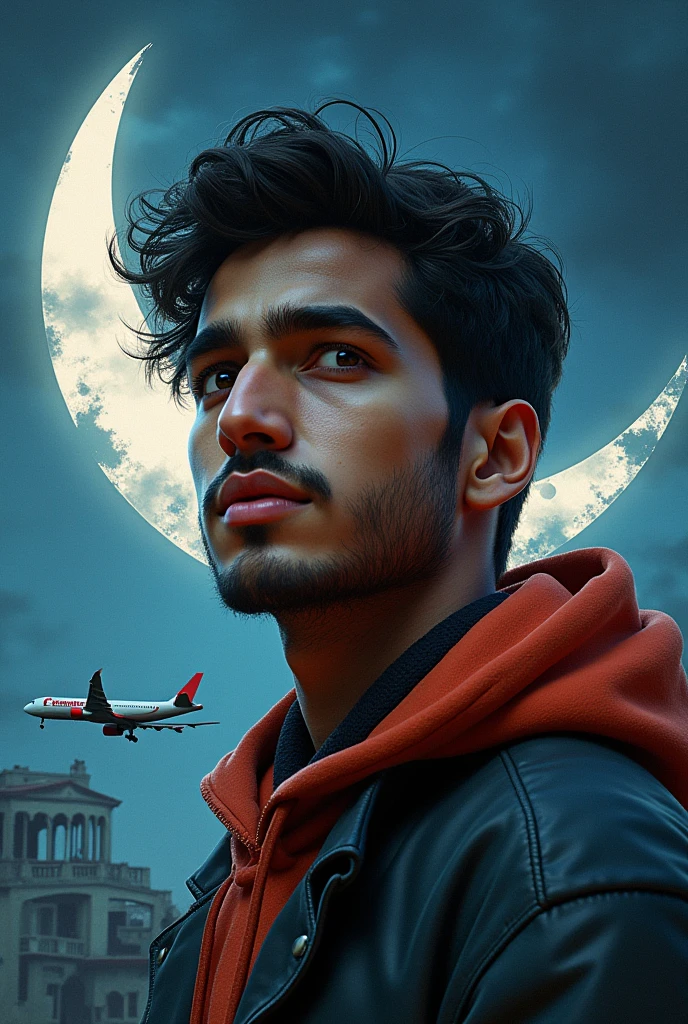 type name hasan , 3d , graffiti, realistic , moon , aeroplane
