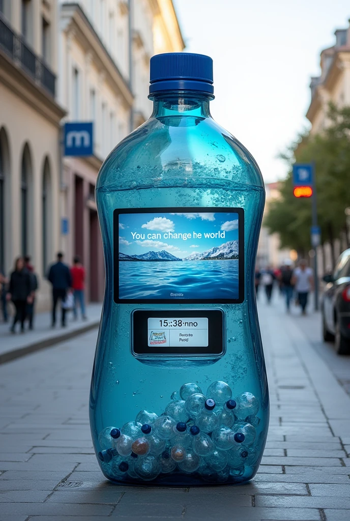 Make a collection point on a street in the shape of a bottle with the phrase in the upper middle: You can change the world, followed by an image of environmental pollution from plastic bottles and below a screen followed by a rectangular monitor that tells the time and below a transparent space where the bottles can be seen
