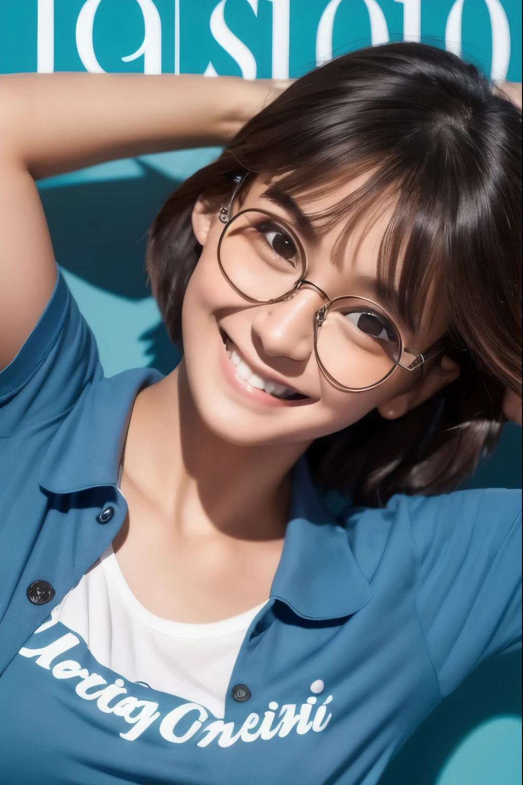 1girl, rounded glasses, big glasses, smiling, looking at the camera, short messy hair, dark-skinned, rounded eyes, cyan blue shirt, black shorts, close up, magazine shot, dynamic pose