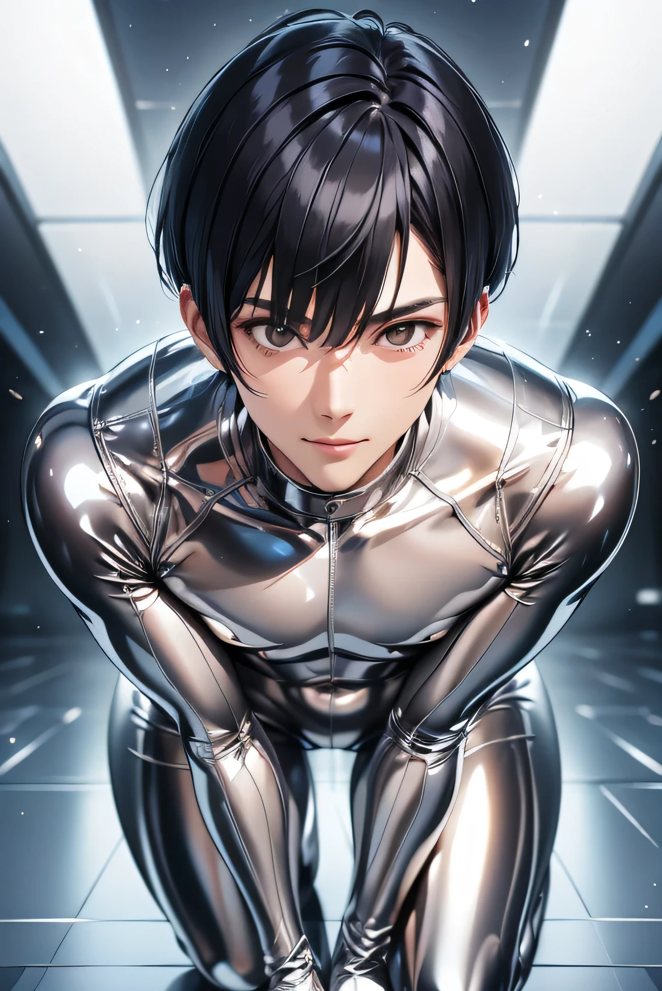 Handsome Japanese male models　　22 years old　smile　　　Black Hair　　Short cut　Short bangs　looking at the camera　　　　　Shiny full-body silver suit　　　Shiny silver latex suit　Mega Bulge　　looking at the camera　future world　　　　　Face close-up　　　　　Fierce　
