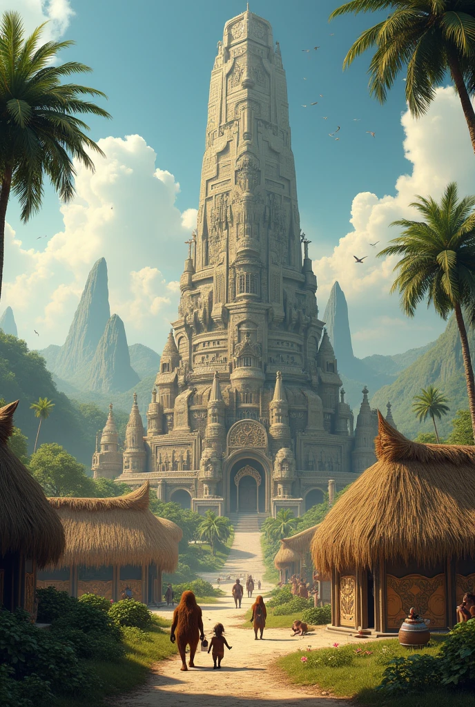 A scene where there are some pygmies, the pygmies that are small with small cities for the pygmies their main temple something high like a desk that is considered a wonderful sublime and magnificent building and armed with birds' nests,straw, feathers and eggshells