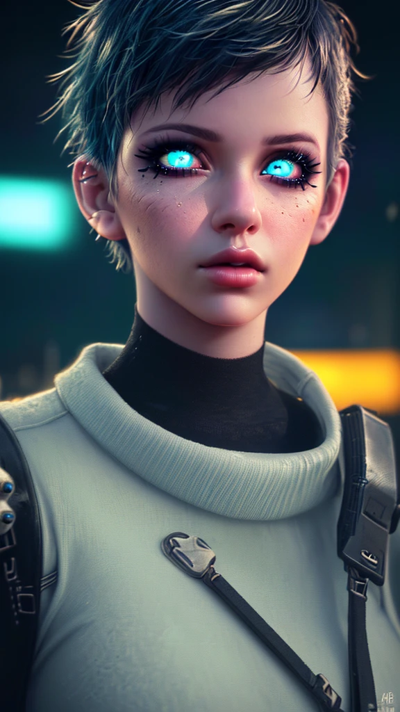 A young punk girl, short hair, winter clothes, beautiful detailed eyes, beautiful detailed lips, extremely detailed eyes and face, long eyelashes, punk outfit, cyberpunk style, neon city background, moody lighting, cinematic, vibrant colors, masterpiece, (best quality,4k,8k,highres,masterpiece:1.2),ultra-detailed,(realistic,photorealistic,photo-realistic:1.37)