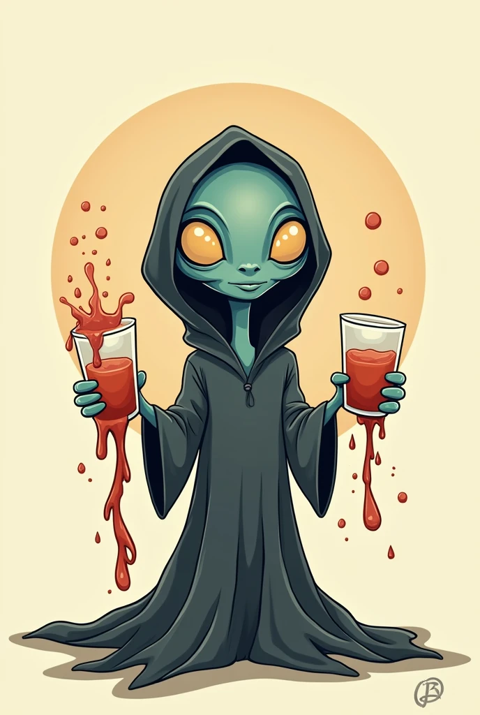 Logo with a hooded ET holding two glasses of drinks spilling the liquids on the floor