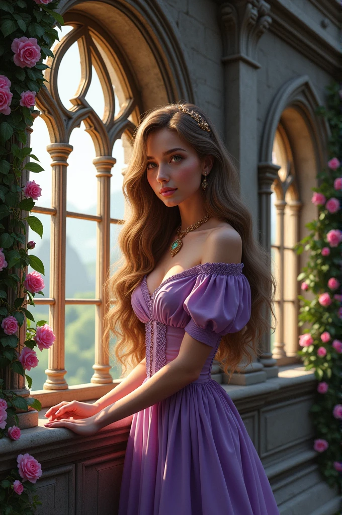 An adult princess with long light brown hair and green eyes looking out of a balcony window of a castle. The castle has pink roses and ivy growing on it. She is wearing an elegant purple dress