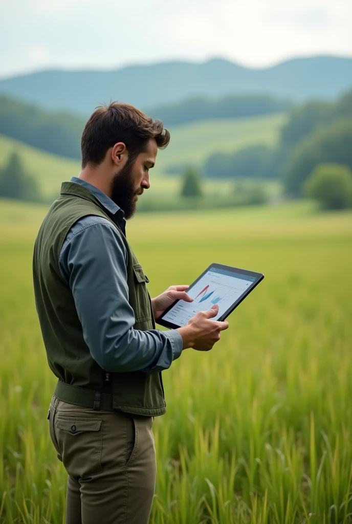 A man in the field analyzing the results on his tablet