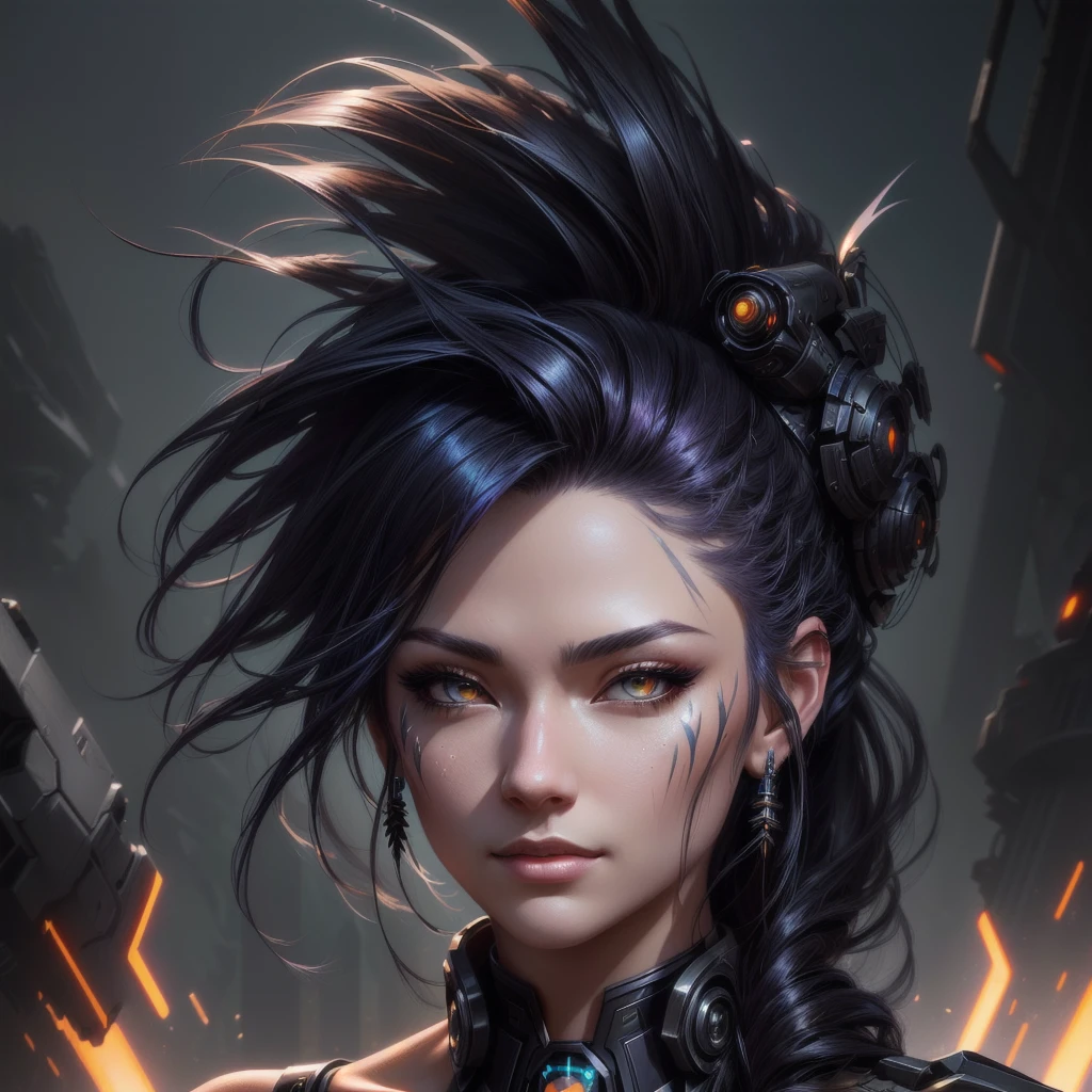 raven style hairs, Mechanical raven head with hairs, sci-fi, a close up of a woman - sci-FI queen of the raven with a sci fiorer on her face, Mechanical raven IN HAIRS, fiol glowing eyes, hd , cinematic, cinematic light, dinamic, rossdraws portrait, fantasy concept art portrait, wojtek fus, rossdraws 2. 0, rossdraws 1. 0, rossdraws digital painting, epic fantasy digital art style, cgsociety portrait, rossdraws global illumination, :: rossdraws, alexandra fomina artstation