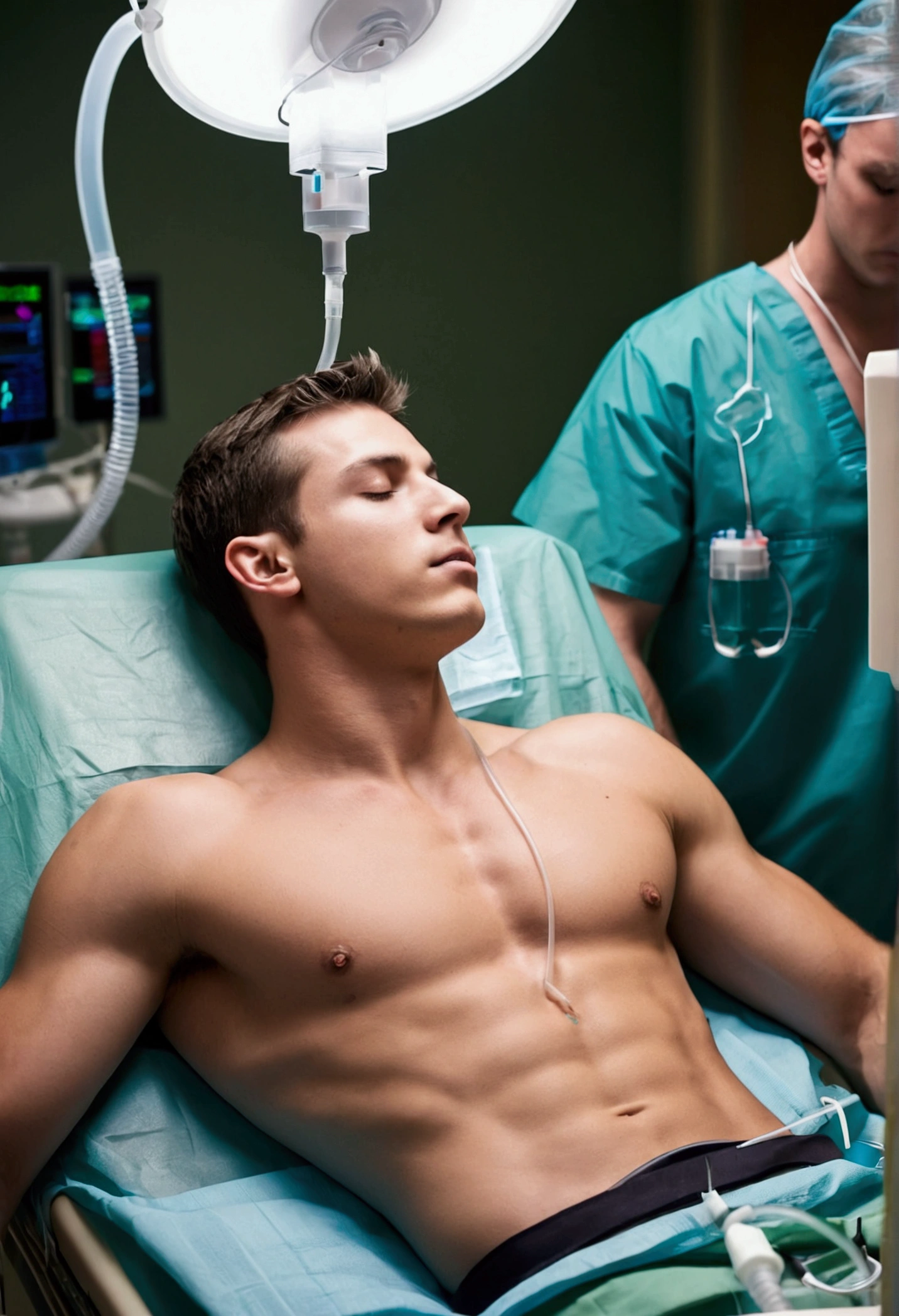 Shirtless muscular 20 year old man wearing shorts lying on operating table in operating room, strapped down. Oxygen mask with tube on face. Ekg leads attached to chest. Unconscious, eyes closed. Photo taken from side. Nurses in background