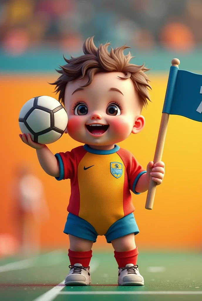Baby in team bodysuit with a ball and a flag in hand