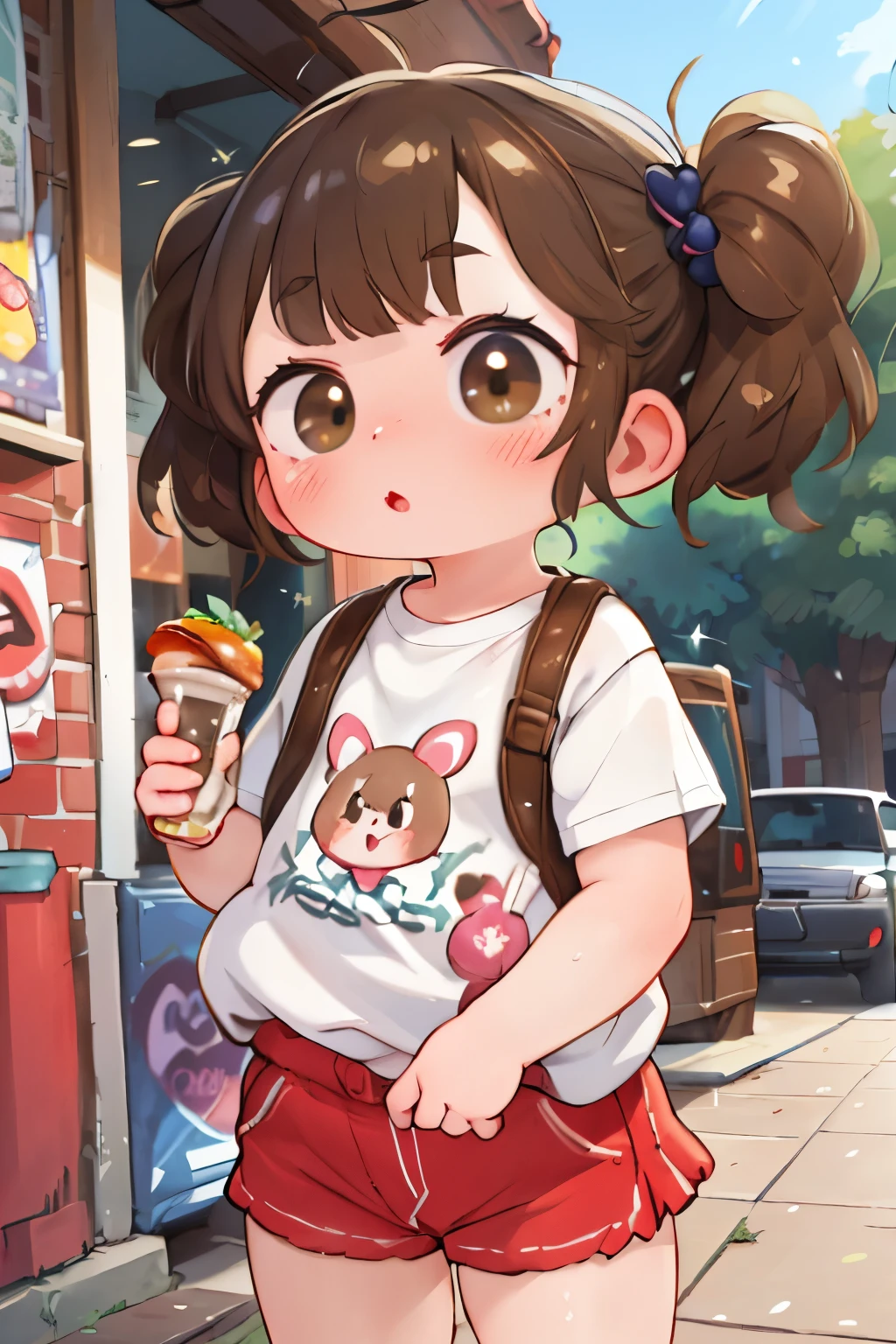 masterpiece, Very detailedな, Highest quality, Beautiful Gal, Sparkling eyes, 両手でeatハンバーガー, With a big burger in each hand，eat,Very detailed，High resolution，masterpiece，16K，(Light brown hair)，((Brown eyes))，Short black hair in twin tails，iris，Blunt bangs，freckles，Very short，Thick eyebrows，Very small ass，Flat Chest，Very thin thighs，Oversized white printed t-shirt，Denim mini skirt，(おいしいハンバーガーをeat:1.3)，(blush)，surely:Accurate and detailed female fingers，