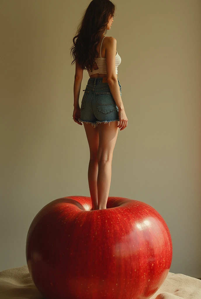 A woman standing on a red apple