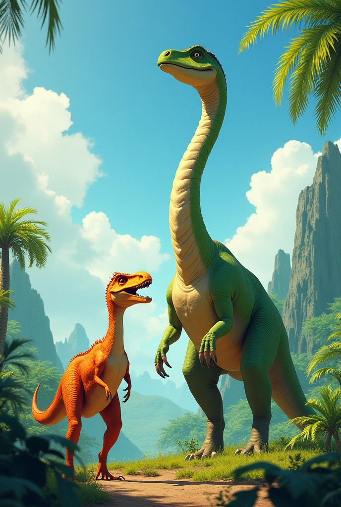 Drawing of an orange Velociraptor and a green Brachiosaurus in their homes using computer animation 
