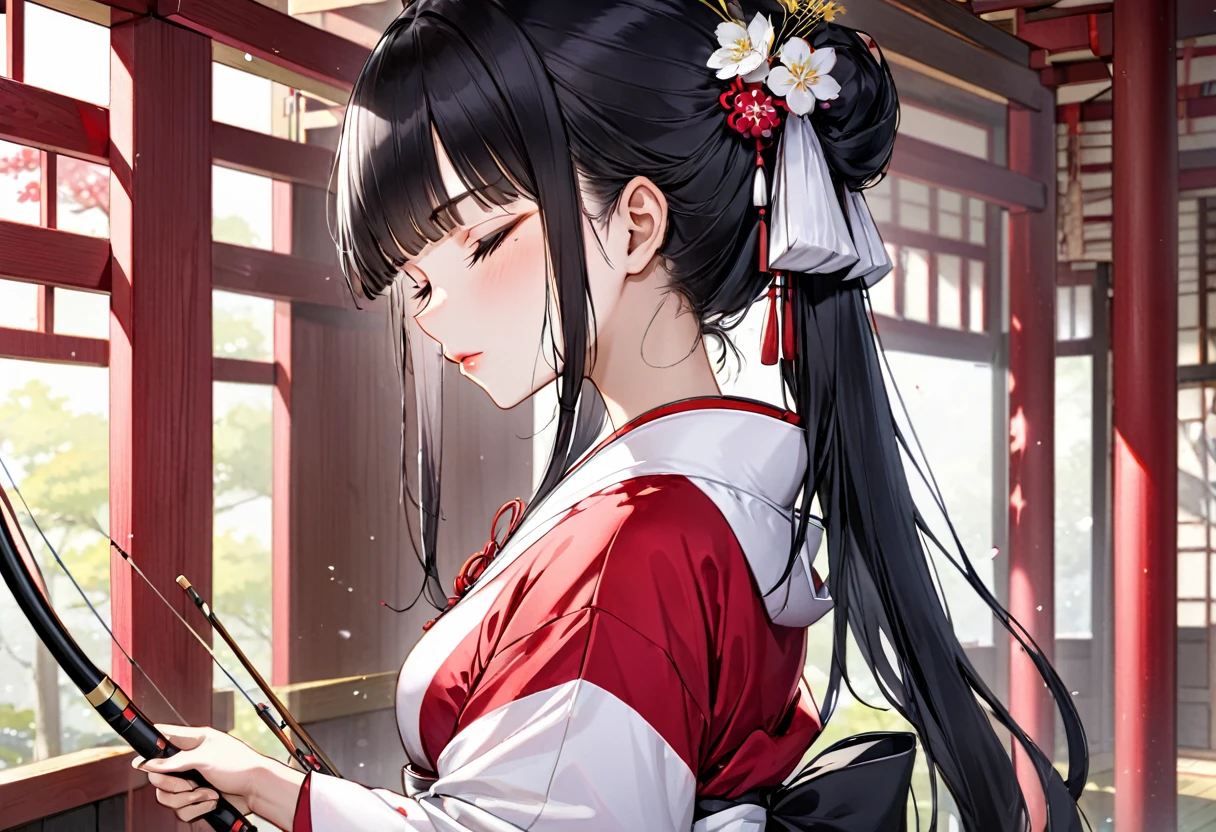 ((profile, standing Kyudo style)), (left hand holding) ((a old japanese long bow)), (Push forward left hand with japanese long bow), (solo:2, 15 yo) (detailed beautifu blunt bangs:1.3) (beautiful sexy black hair very long hair) (beautiful shrine maiden girl) (detailed sexy closed eyes) (serious face, glossy lip) (medium tits), break, in a white Kyudo uniform, break, in the japanese Archery range, BREAK, perfect anatomy, masterpiece, best quality, 16k, beautiful detailed grow, daydreaming expression.