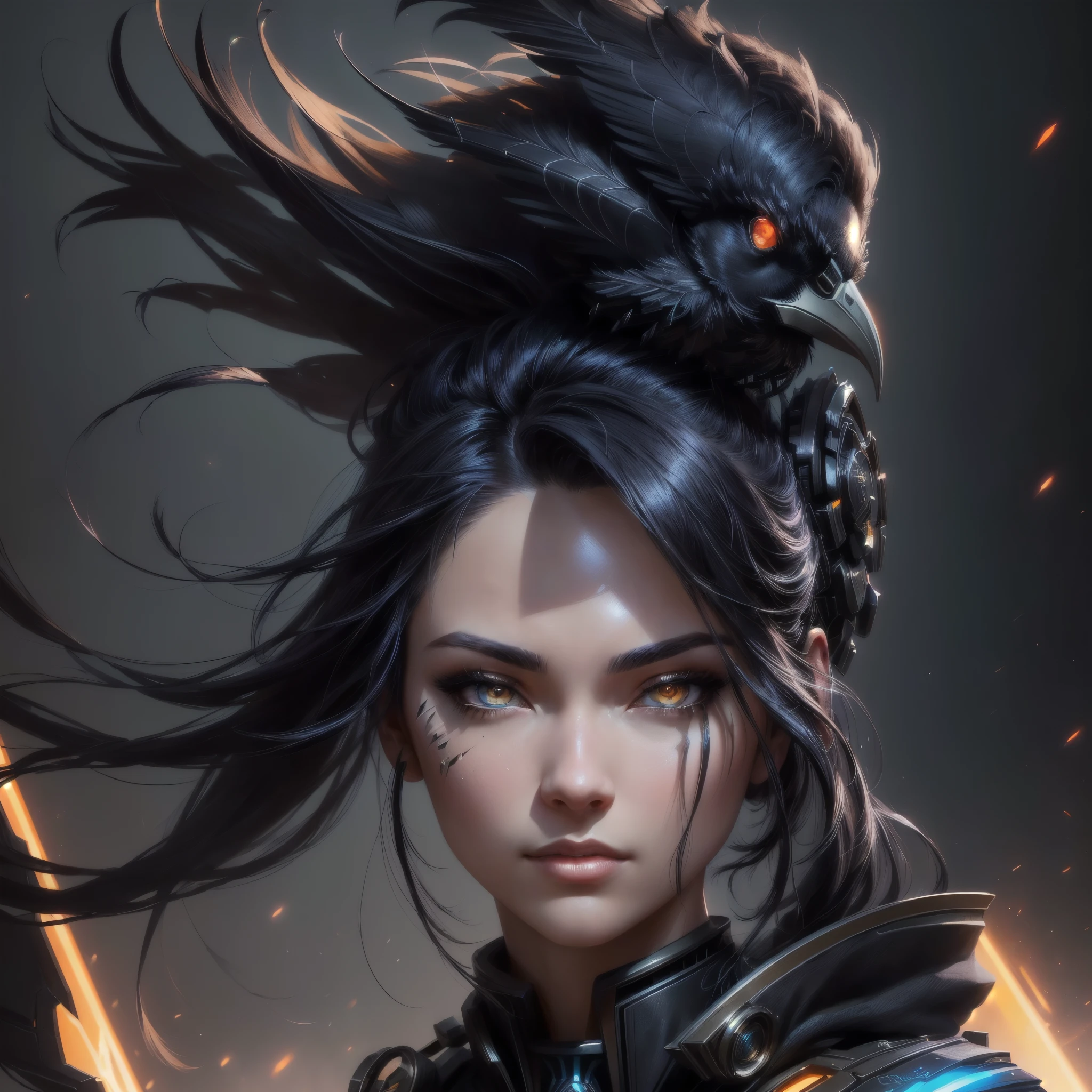 raven style hairs, Mechanical raven head with hairs, sci-fi, a close up of a woman - sci-FI queen of the raven with a sci fiorer on her face, Mechanical raven IN HAIRS, fiol glowing eyes, hd , cinematic, cinematic light, dinamic, rossdraws portrait, fantasy concept art portrait, wojtek fus, rossdraws 2. 0, rossdraws 1. 0, rossdraws digital painting, epic fantasy digital art style, cgsociety portrait, rossdraws global illumination, :: rossdraws, alexandra fomina artstation
