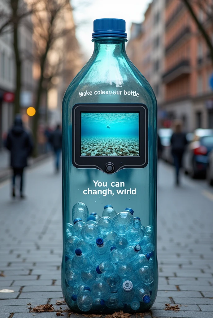 Make a metal collection point on a street in the shape of a bottle with the phrase in the upper middle: You can change the world, followed by an image of environmental pollution from plastic bottles and below a screen followed by a rectangular monitor that tells the time and below a transparent space where the bottles can be seen