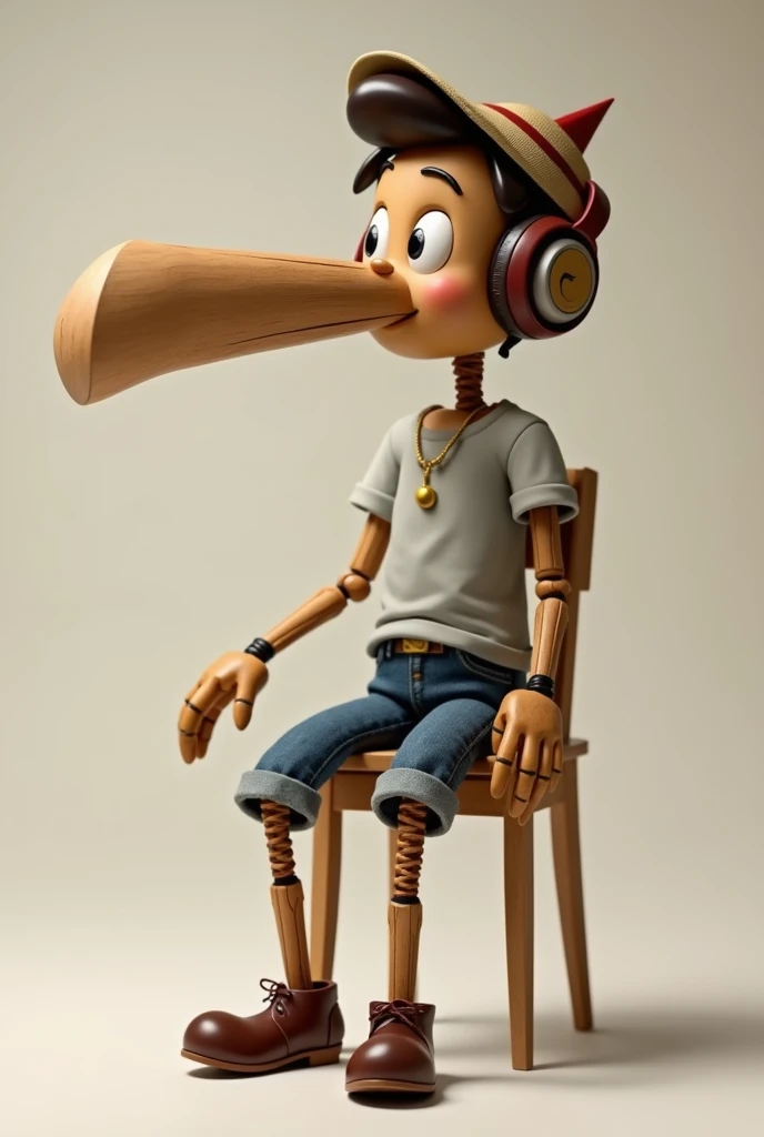Picture of age wooden pinocchio with headphones who sit on a chair with long nose