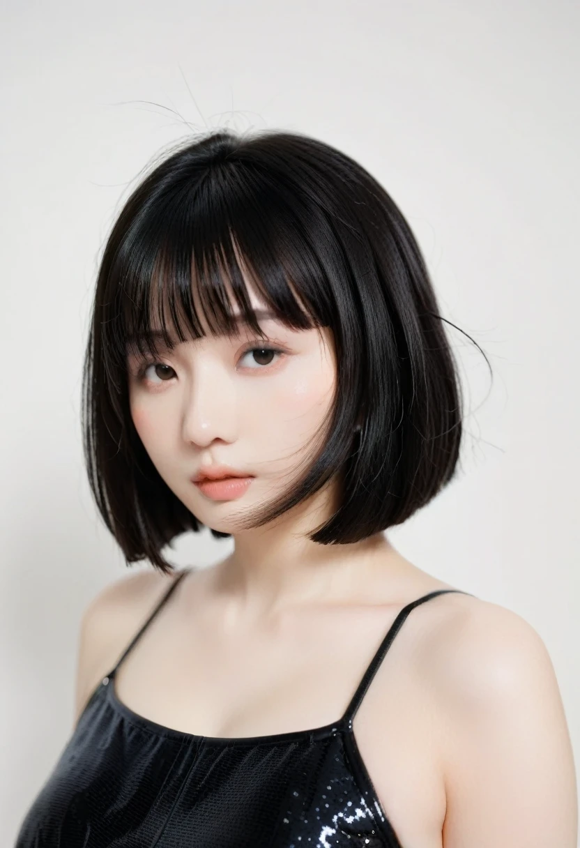 Masterpiece,best quality,solo, 1 beautiful Japanese girl,************,(sparkling black eyes,slant eyes),(pale skin),(black hair,blunt bangs, bob cut:1.5),(big breasts:1.2),