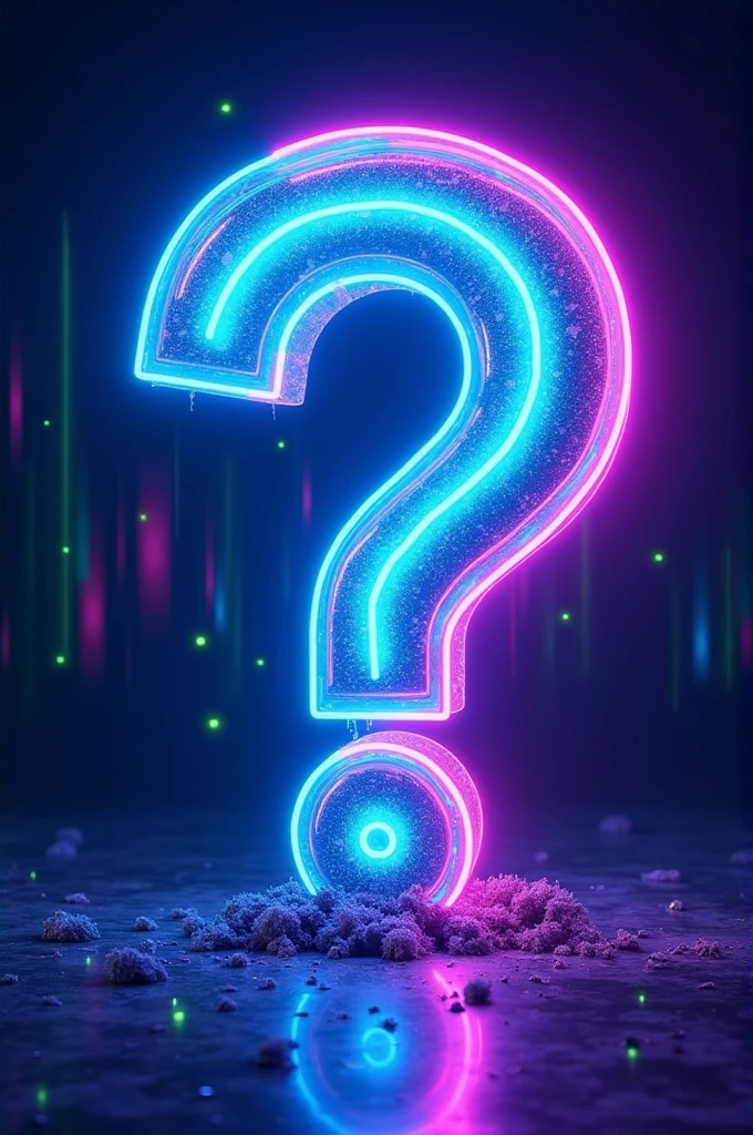 Create a vibrant image for a trivia-focused YouTube channel. The image must have a dark background, like black or deep blue, that highlights the elements in neon. At the center, put a big stylized question mark, made in neon colors like blue, purple and green, with a shiny and illuminated effect. Around the question, Add subtle details, like little magnifying glass icons, idea lamp, or other symbols that refer to mystery and knowledge, also in neon. The image should convey a sense of mystery and curiosity, inviting the viewer to explore the channel's intriguing content.