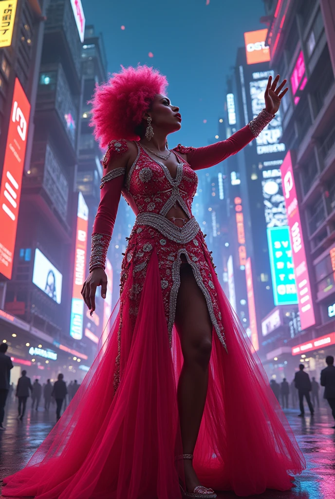 Celia Cruz on a cyberpunk guaracha background, experimental, futurist, electronic