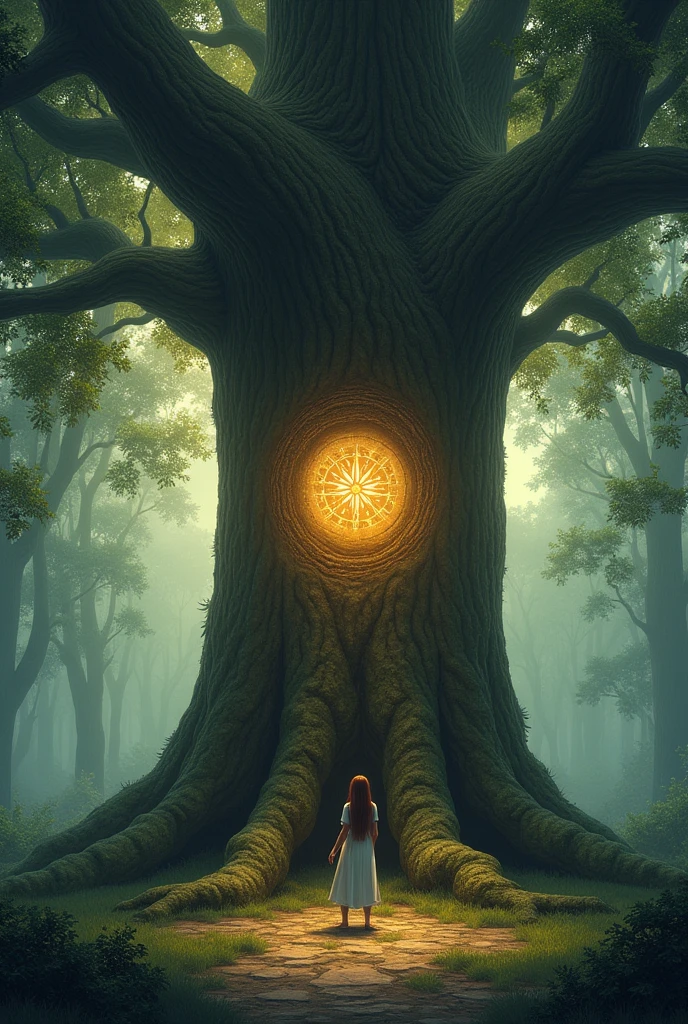 A large, majestic tree in the heart of the forest. Its trunk is thick and marked by time, with an ancient symbol engraved in the center. The symbol shines with a soft, golden light. Aline stands in front of the tree, her hand touching the tree.