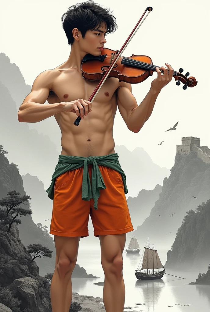 Ultra detailed illustration, ((a young man in Roberto Ferri style, Latino, slim toned fitness body, defined muscles, perfect anatomy, short black wavy hair, Roman nose, thin lips, square chin, diamond shaped face, barefoot, shirtless, wearing orange and green shorts, standing playing the violin) (black and white Chinese painting style background, you can see the Great Wall of China, ancient fishing boats at sea) evokes masculine beauty and art.