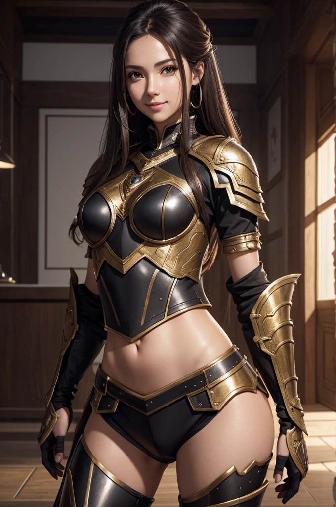 8K,A woman wearing black and brown armor is taking pictures, smooth CG art, Glossy skin, 8K high quality detailed art, Photorealistic anime girl rendering, fan art best art station, character is in her natural pose, Beautiful and attractive receptionist woman, elegant smile pose, smooth digital concept art, highly detailed characters, white and shining skin,fantasy art,adventurer&#39;Guild Counter,character art,Blonde mohawk hair,thin muscular body,red and white ruffle skirt,Thin macho,guild staff,Super high resolution,surreal,crack your abs,Sexy,ample breasts,black and brown combat pants,２have a book sword,