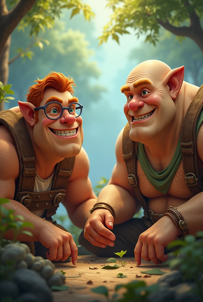 Three friendly male ogres talking.
The first ogre is thin,redhead and wears glasses.

The second ogre is fat and bald The third ogre is blond and muscular