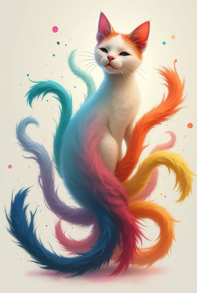 cat,Nine Tails,each tail of a color,tails like brushes,spongy,stopped,tails of the same size and texture,that doesn't look like an alien,no tails on the face or body