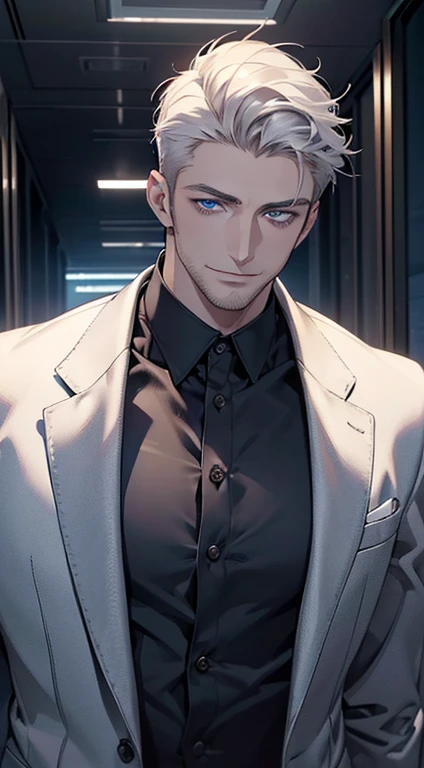 (best quality, masterpiece, 8K, photorealistic, cinematic lighting, hdr image, ultra detailed, beautiful image), 1 man, 31 years old, mature man, very handsome, (without expression, smile), short white hair, blue eyes ( penetrating gaze), perfect face without errors, imposing posture, without errors, businessman, office background