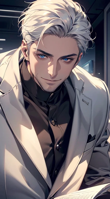 (best quality, masterpiece, 8K, photorealistic, cinematic lighting, hdr image, ultra detailed, beautiful image), 1 man, 31 years old, mature man, very handsome, (without expression, smile), short white hair, blue eyes ( penetrating gaze), perfect face without errors, imposing posture, without errors, businessman, office background