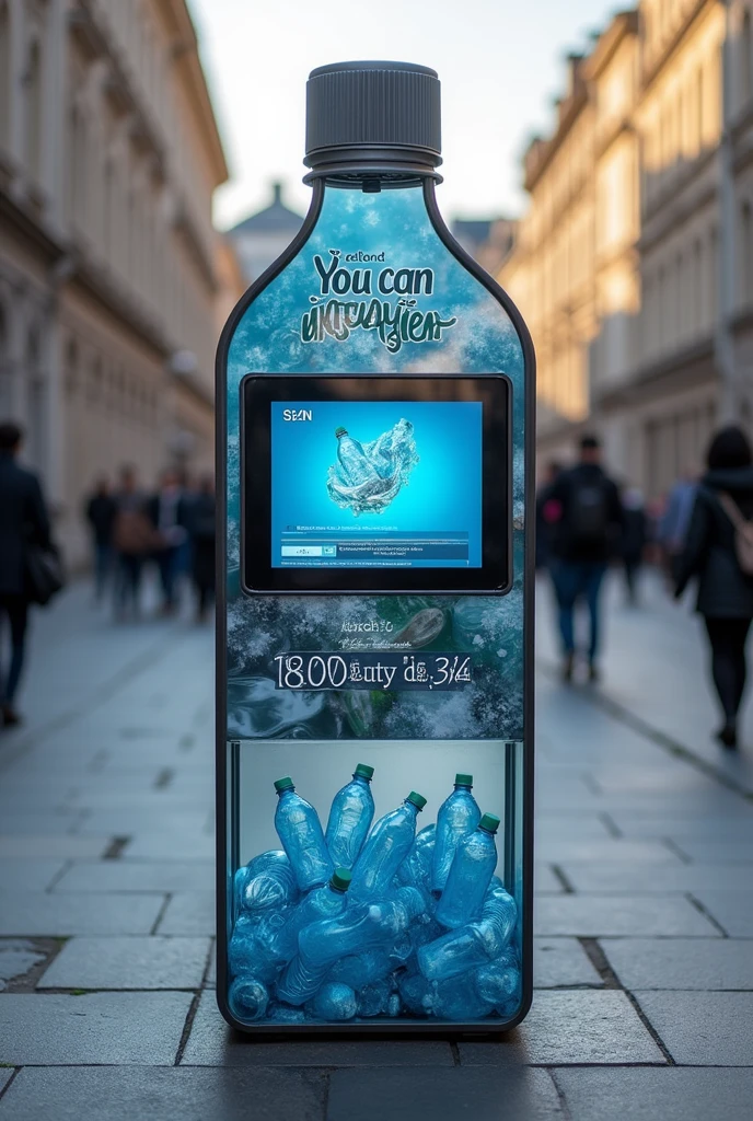 Make a metal collection point on a street in the shape of a bottle with the phrase in the upper middle: You can change the world, followed by an image of environmental pollution from plastic bottles and below a screen followed by a rectangular monitor that tells the time and below a transparent space where the bottles can be seen