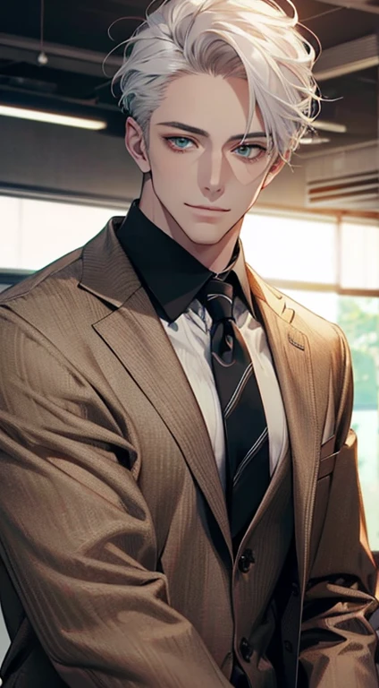 (Highest quality,4K,8K,High resolution,masterpiece:1.2),Super detailed,(Realistic,photoRealistic,photo-Realistic:1.37),1 person,34 years old,Mature Men,Beautiful skin、very handsome,Expressionless smile in love,Short white hair,green eyes,Sharp Eyes,A perfect face without a doubt,Businessman, CEO, Office Background,Cinema Lighting,HDR image,tie、