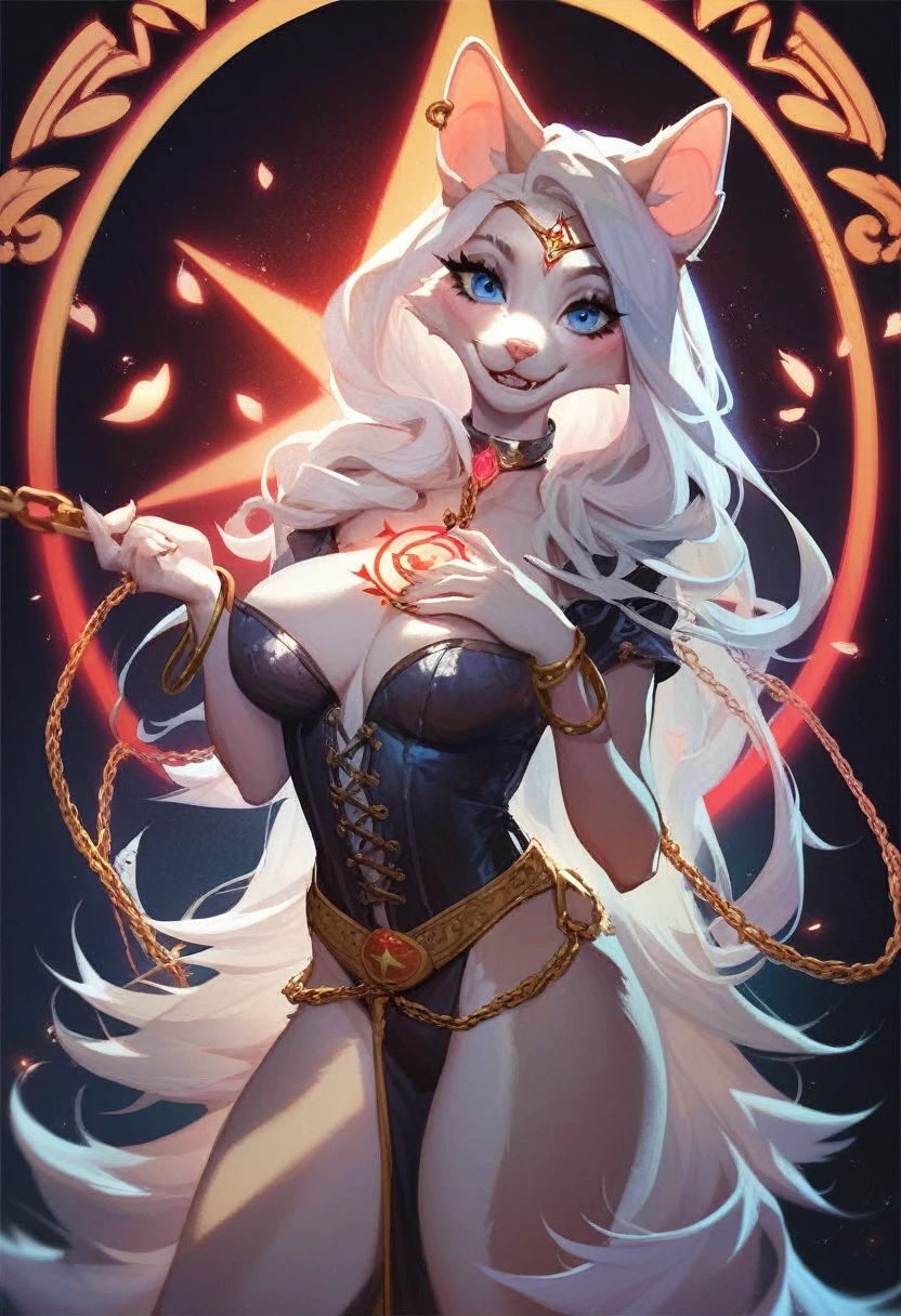 Picture an ((anthro white cat sorceress)), exuding confidence as she performs a powerful summoning ritual, dressed in a black overcoat adorned with ornate and intricately detailed chains. She focuses intently on the incantation at hand. Swirling symbols and glowing runes dance around her, illuminating the scene with a majestic and epic aura. Her piercing blue eyes shine with determination as she conjures the magic at her command. The background is a mix of shadows and ethereal light. hourglass body.