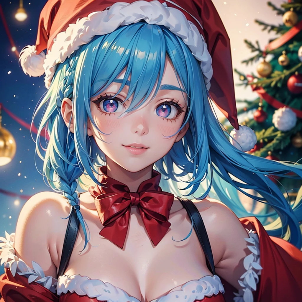 (Sky blue hair),(Braided short hair), (Pink Eyes),Fair skin) ,(whole body),(1 giant Christmas tree),(One Girl),(Santa Claus clothes),(Cute smile),Santa Claus hat,(Christmas Party),(masterpiece, Highest quality, Very detailed, Best Shadow), (Detailed Background), (Beautifully detailed face), High Contrast, (Best lighting, Very delicate and beautiful), ((Cinematic Light)), Hyper Detail,8k, Dramatic Light, Intricate details,