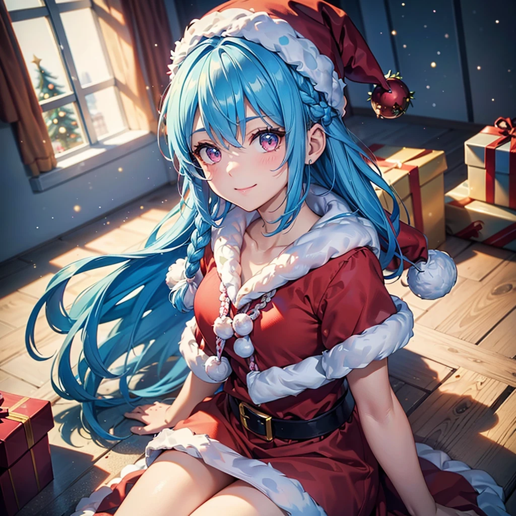 (Sky blue hair),(Braided short hair), (Pink Eyes),Fair skin) ,(whole body),(1 giant Christmas tree),(One Girl),(Santa Claus clothes),(Cute smile),Santa Claus hat,(Christmas Party),(masterpiece, Highest quality, Very detailed, Best Shadow), (Detailed Background), (Beautifully detailed face), High Contrast, (Best lighting, Very delicate and beautiful), ((Cinematic Light)), Hyper Detail,8k, Dramatic Light, Intricate details,