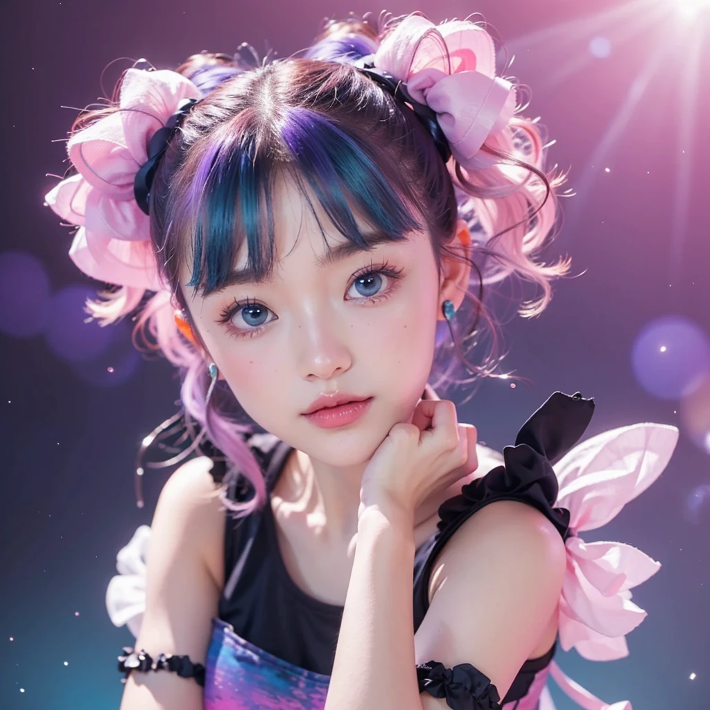 A teal-blue eyed girl. dark-purple twin buns.White twin Srunchies with Pink trimmings. round twin buns.Long curly strands of hair by her neck and sides of each ears. Wearing a detached, ruffles vermillon sleeves, a white tank top with pink hearts coverings, leather dark brown chocker with spheres radiating blue energy swirls around her