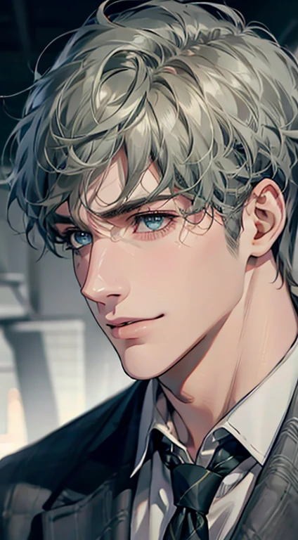 (Highest quality,4K,8K,High resolution,masterpiece:1.2),Super detailed,(Realistic,photoRealistic,photo-Realistic:1.37),1 person,31 years old,Mature Men,Beautiful skin、Profile、very handsome,Expressionless,smile,Short gray green hair,blue eyes,Sharp Eyes,A perfect face without a doubt,Businessman,Office Background,Cinema Lighting,HDR image,tie、