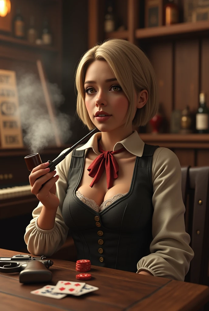 Short Haired Female Cowboy in a Saloon in the Old West,Blonde,Sitting,Smoking Pipe,Table Wisky,Piano,6 Bullet Revolver,Barrel,Table,Playing Cards,Dust,Artwork,3D,4K,Detailed,Realistic