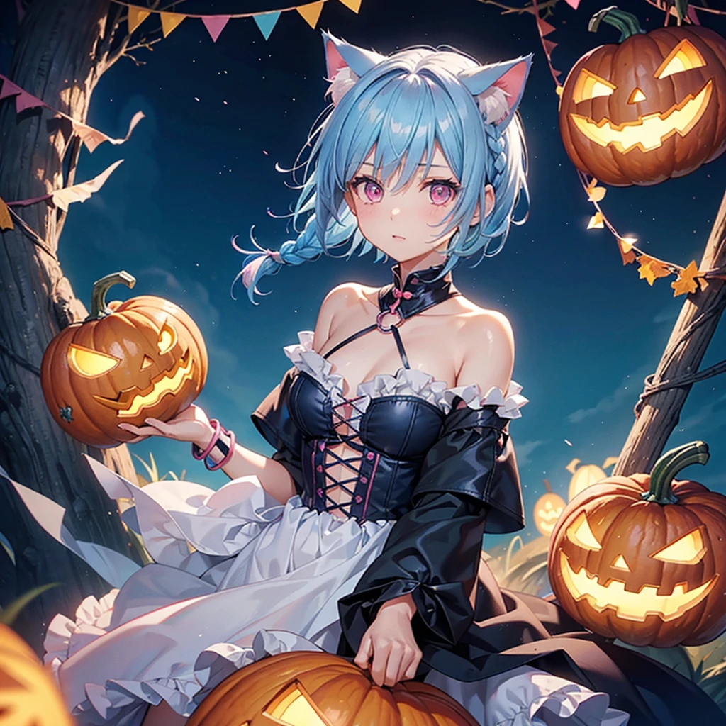 (Sky blue hair),(Braided short hair), (Pink Eyes),Fair skin) ,(whole body),(One Girl),(There are lots of pumpkin ghosts in the background),Cat ear,Cat's Tail,(Sailor suit),(Ahegao),(Fall into Darkness),If you don't give me sweets, I'll play a prank on you.),Halloween Night Party),(masterpiece, Highest quality, Very detailed, Best Shadow), (Detailed Background), (Beautifully detailed face), High Contrast, (Best lighting, Very delicate and beautiful), ((Cinematic Light)), Hyper Detail,8k, Dramatic Light, Intricate details,night,(Bats flying in the background),High quality
