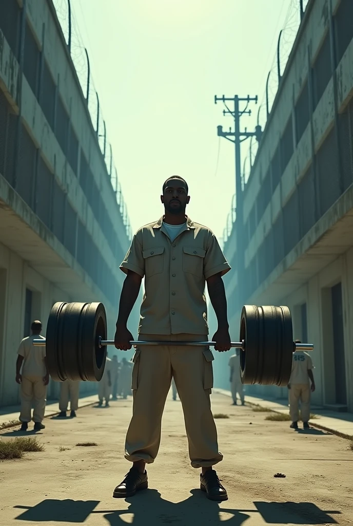 Travis Scott in prisoner yard wearing prison clothes GTA style lifting weights