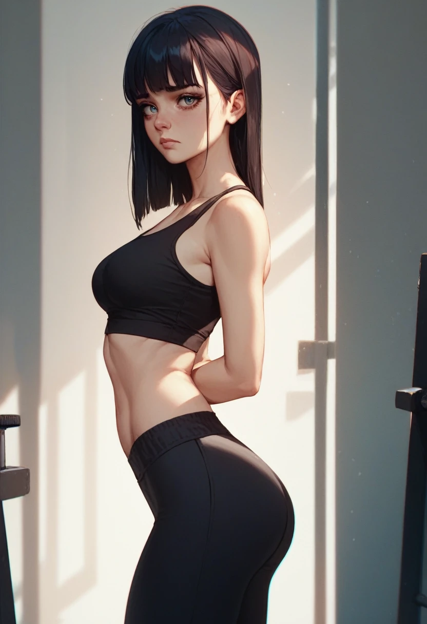 NSFW,glamorous, long black fur, fringe, medium breasts, skinny, thin and small build, skin very white, looking at the viewer, black sleeveless top, black gym pants, sad and indifferent look, nerves, beautiful eyes, perfect ears.
