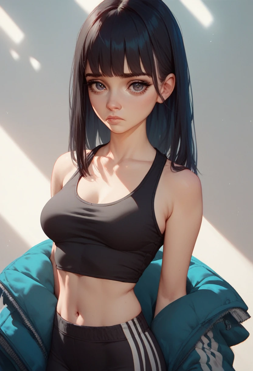 NSFW,glamorous, long black fur, fringe, medium breasts, skinny, thin and small build, skin very white, looking at the viewer, black sleeveless top, black gym pants, sad and indifferent look, nerves, beautiful eyes, perfect ears.