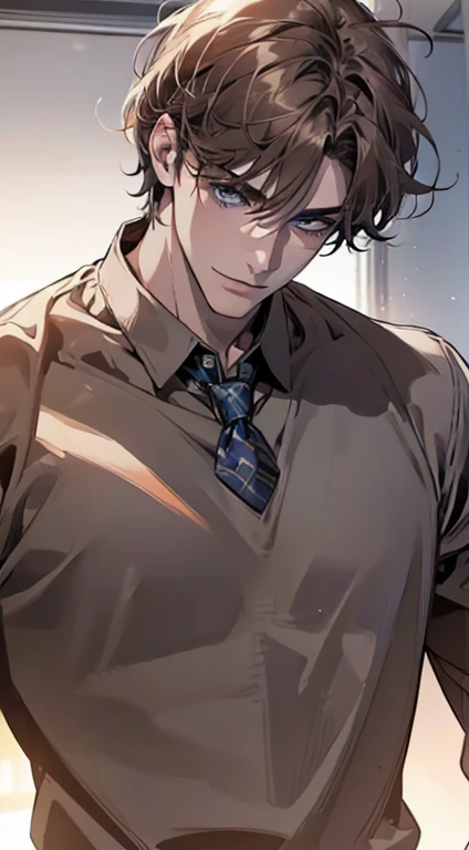 (best quality,4k,8k,highres,masterpiece:1.2),ultra-detailed,(realistic,photorealistic,photo-realistic:1.37),1 man,31 years old,mature man,very handsome,without expression,smile,short grey brown hair,blue eyes,penetrating gaze,perfect face without errors,imposing posture,businessman,office background,cinematic lighting,hdr image