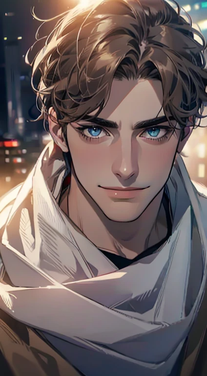 (best quality,4k,8k,highres,masterpiece:1.2),ultra-detailed,(realistic,photorealistic,photo-realistic:1.37),1 man,31 years old,mature man,very handsome,without expression,smile,short grey brown hair,blue eyes,penetrating gaze,perfect face without errors,imposing posture,businessman,office background,cinematic lighting,hdr image