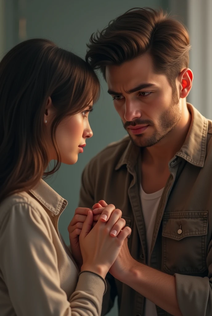 Create as realistic a couple holding hands as possible, expressing concern and support., focusing on the man's thoughtful face.The atmosphere is calm and intimate,
suggesting a serious conversation about health and well-being.